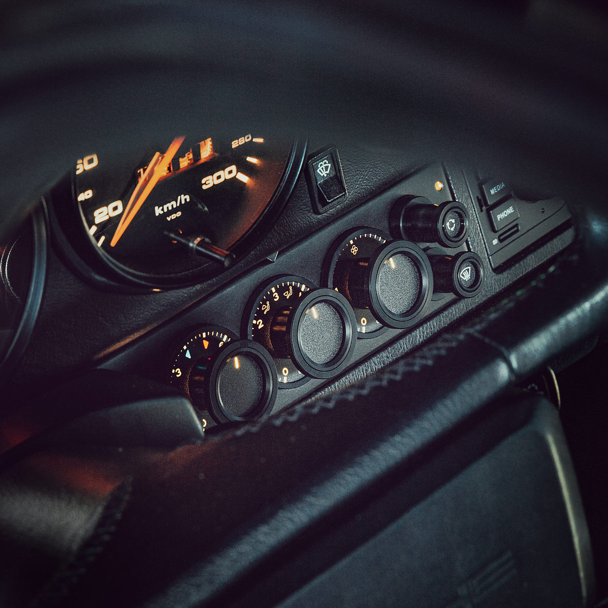 Air conditioning, blower control panel (AC, HVAC) for Porsche 964, 993 - for original dash, black knobs - LHD