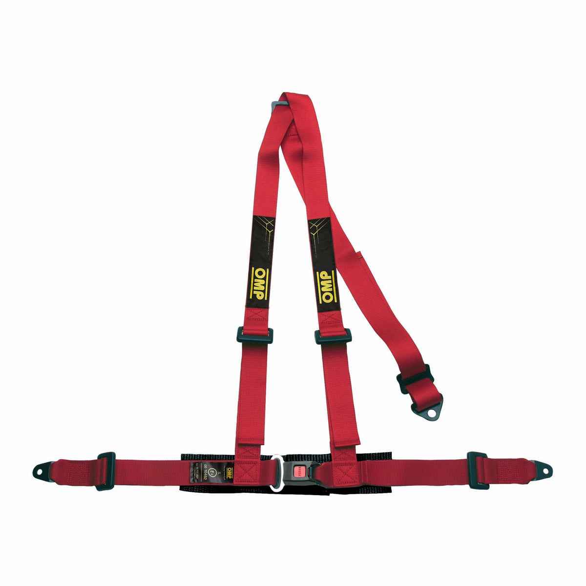 OMP Road 3 ECE 3-point street harness in red with push-button buckle, ECE R16 approved