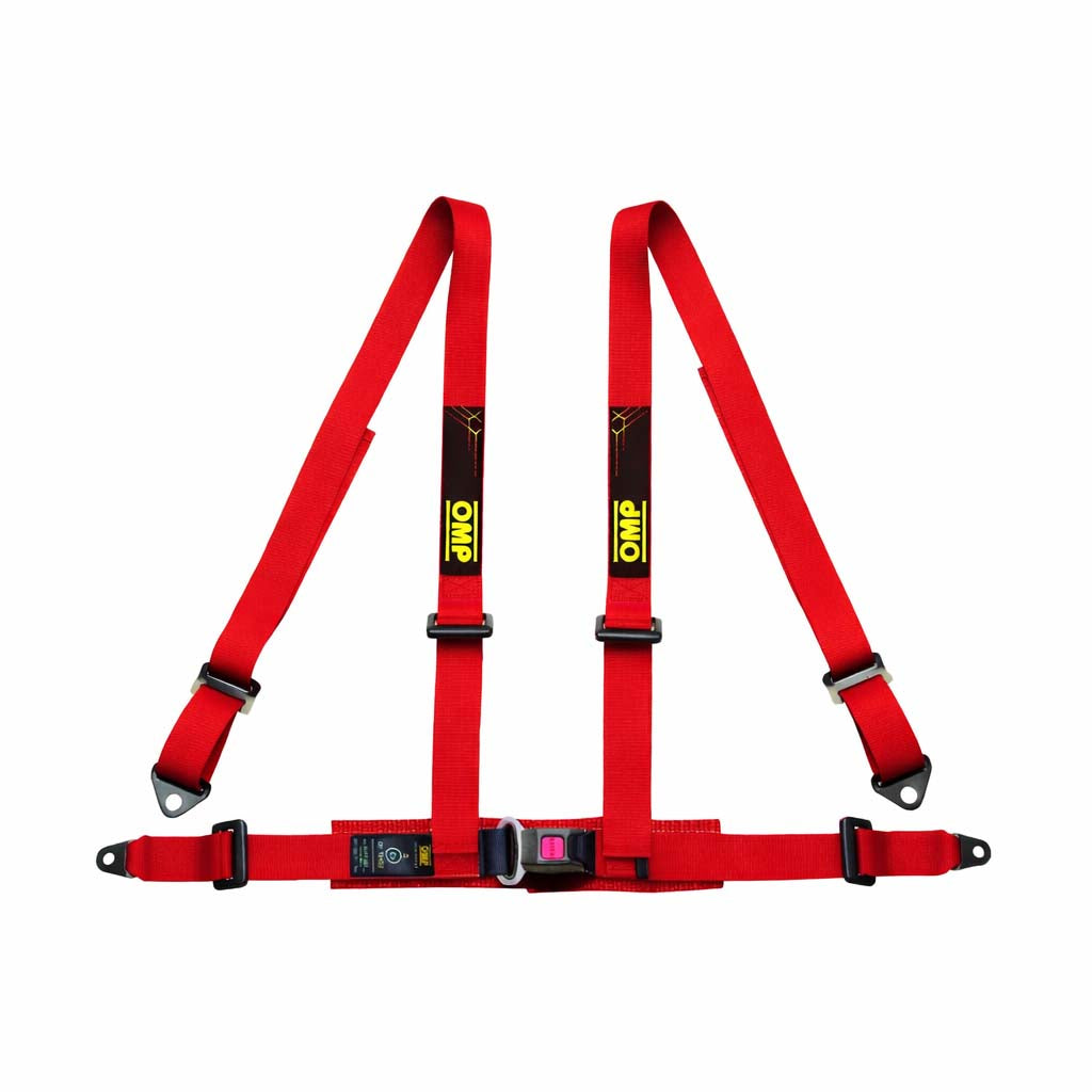 OMP Road 4 ECE 4-point street harness in red with push-button buckle, ECE R16 approved