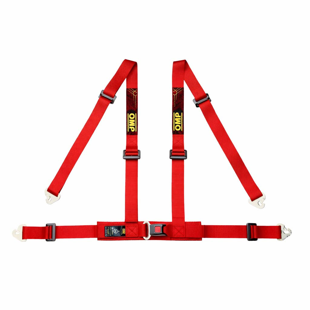 OMP Road 4M ECE 4-point street harness in red with snap-in mounting and push-button buckle, ECE R16 approved