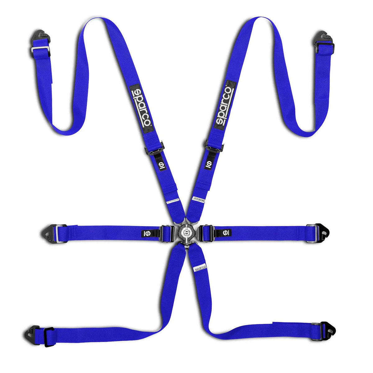 Sparco Comp H-2 6-point endurance racing harness in blue, featuring 2-inch lap and shoulder straps, steel adjusters, and aircraft-quality quick-release buckle.
