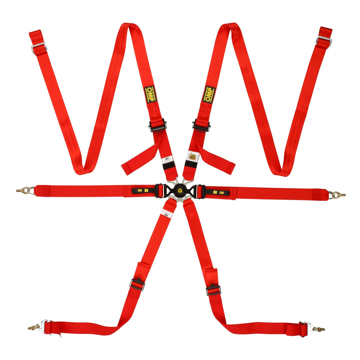 OMP One Versa endurance racing harness in red with camlock buckle and integrated pull-down adjusters, FIA 8853-2016 approved