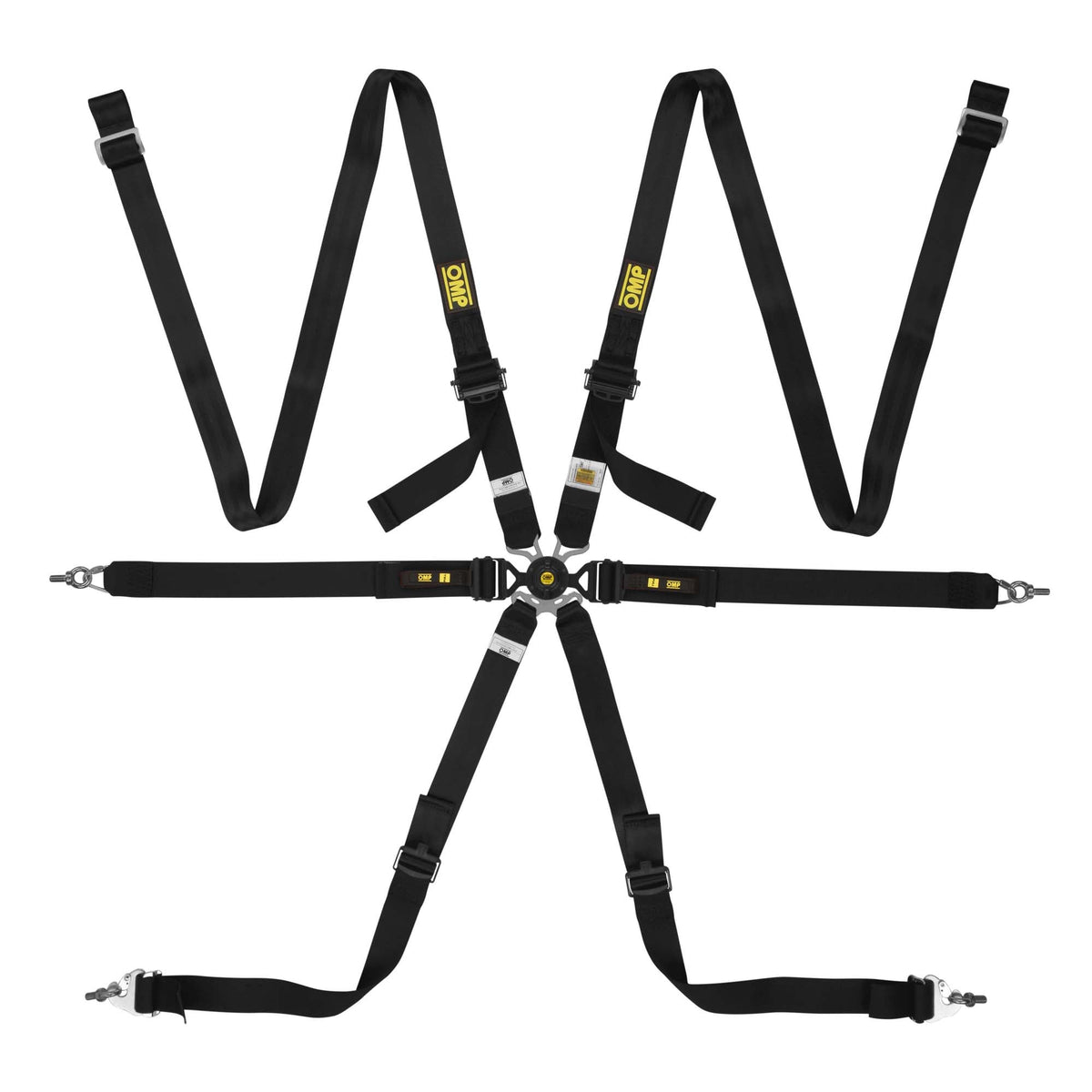 OMP One Versa endurance racing harness in black with camlock buckle and integrated pull-down adjusters, FIA 8853-2016 approved