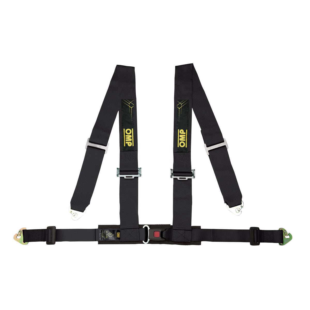 OMP Racing 4M ECE 4-point street harness in black with camlock buckle and snap-in mounting, ECE R16 approved