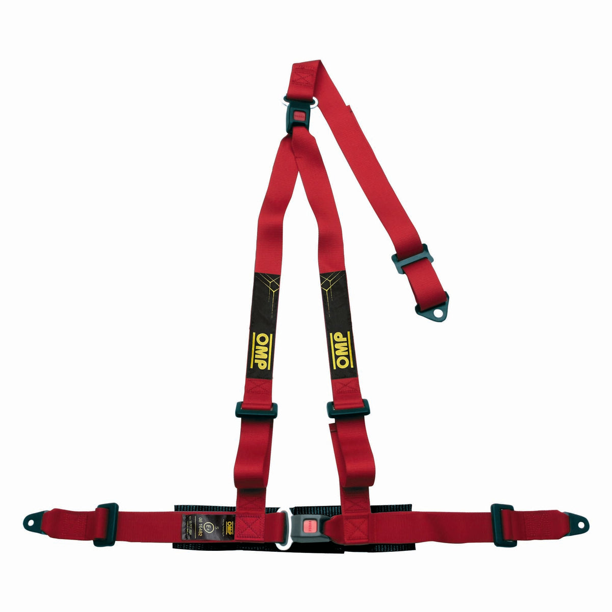 OMP Strada 3 ECE 3-point street harness in red with push-button buckle, ECE R16 approved