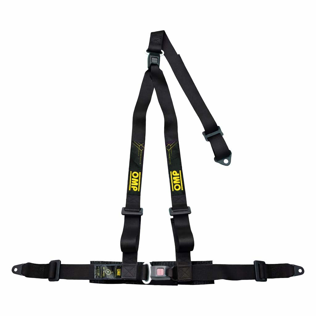OMP Strada 3 ECE 3-point street harness in black with push-button buckle, ECE R16 approved